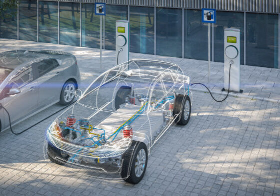 generic electric car with battery visible x-ray charging at public charger in city parking lot with lens flare 3d render