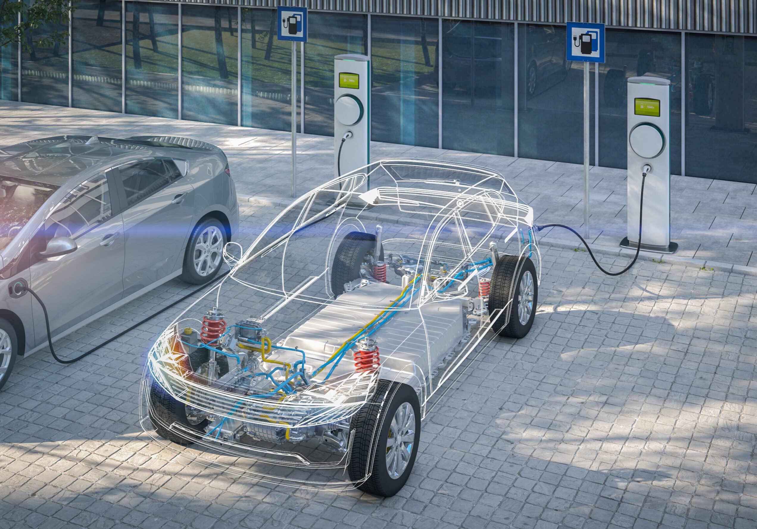 generic electric car with battery visible x-ray charging at public charger in city parking lot with lens flare 3d render