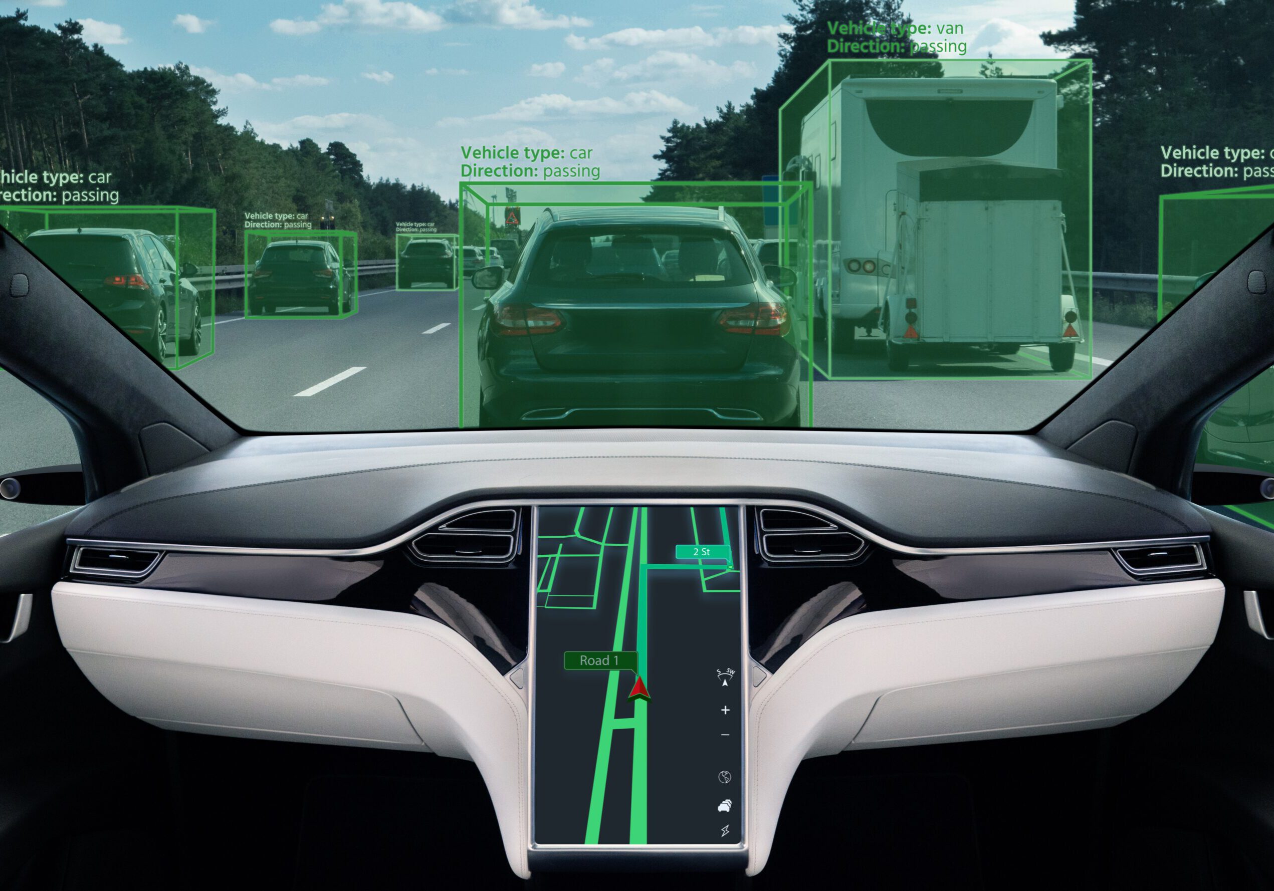 Self driving car on a road. Autonomous vehicle. Inside view.